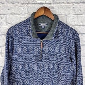 Lands End Blue Fair Isle Pattern Fleece Neck 1/4 Zip Pullover Sweater Large TALL